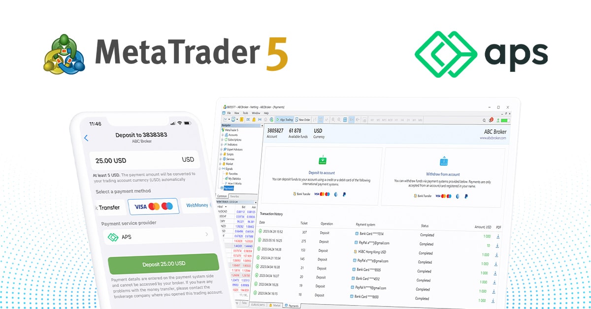 支付服务提供商APS加入MetaTrader 5的内置支付系统