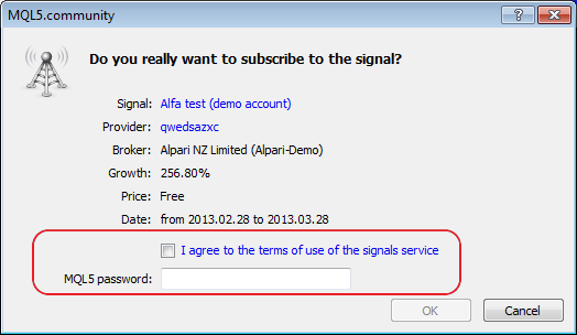 Revised the signal subscription dialog, added the link for subscription conditions and the additional requirement to enter MQL5.com