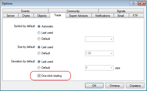 When One Click Trading mode is enabled, Close command in the position's context menu results in an immediate closing of the position without showing a trading dialog