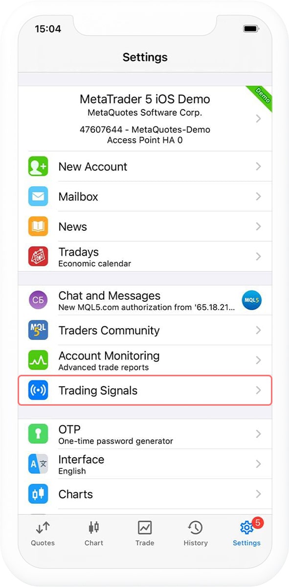 Select Trading Signals in the Settings