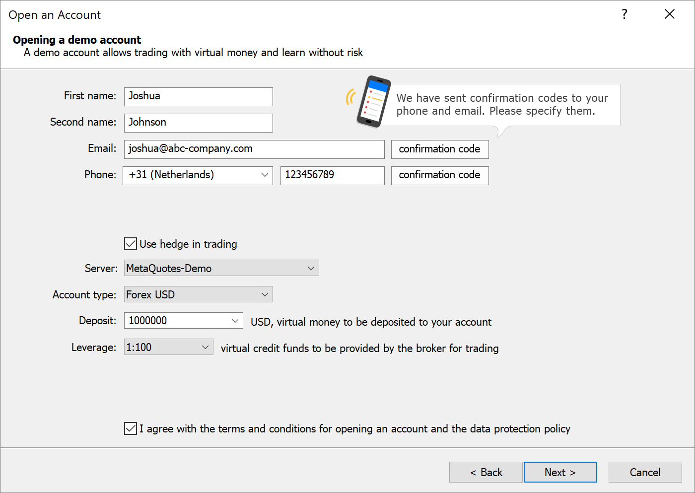 Подтверждение телефонов и email в MetaTrader 5