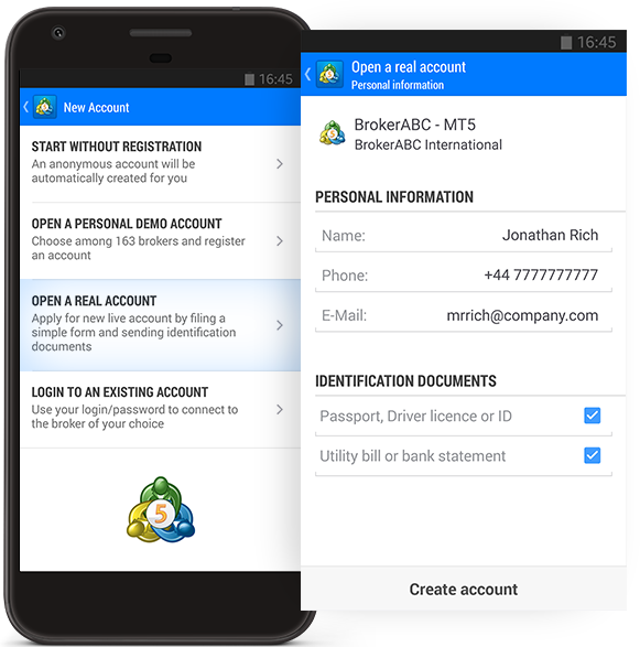 Simplified way to request a real account in MetaTrader 5 Android build 1642