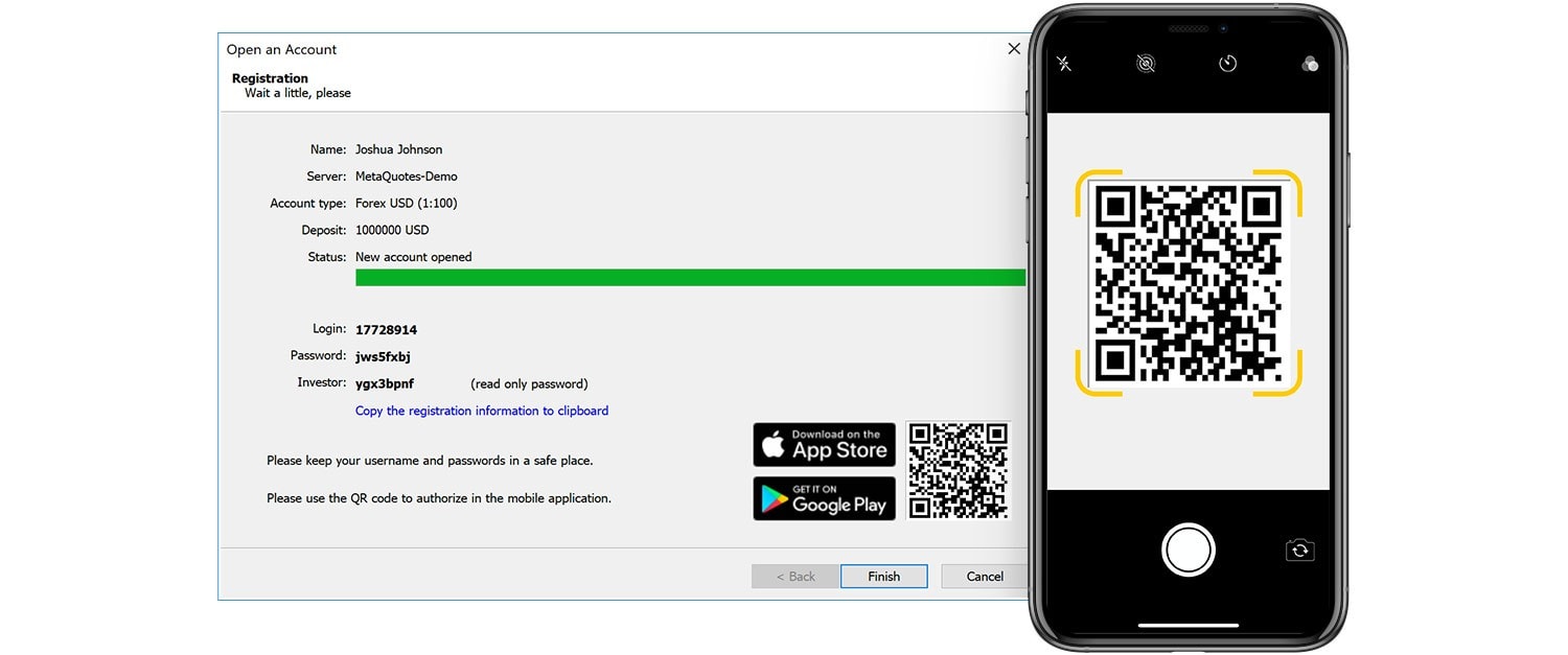 Подключение к счету в MetaTrader 5 с помощью QR-кода