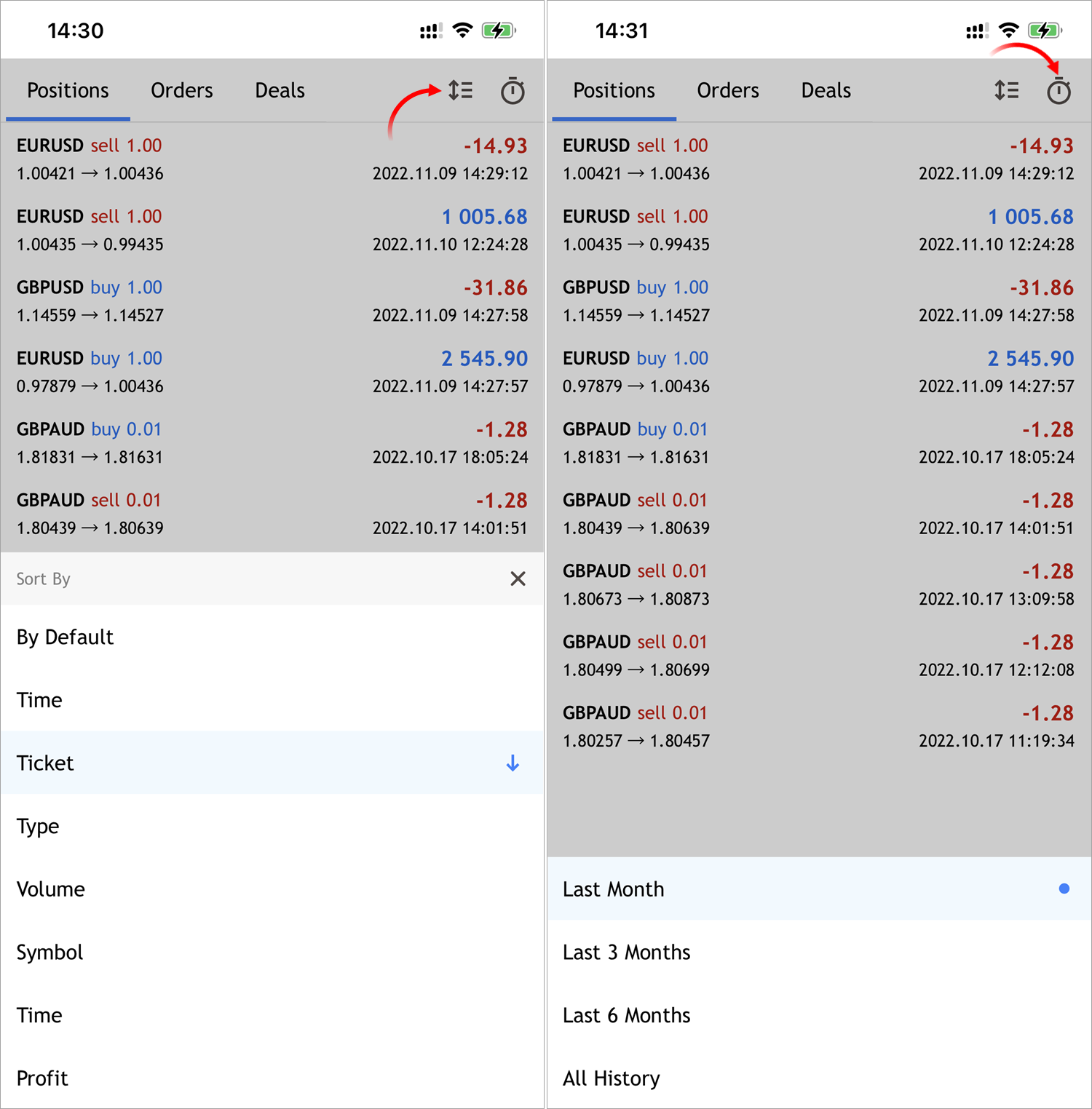 Customizable trading history view in the mobile version