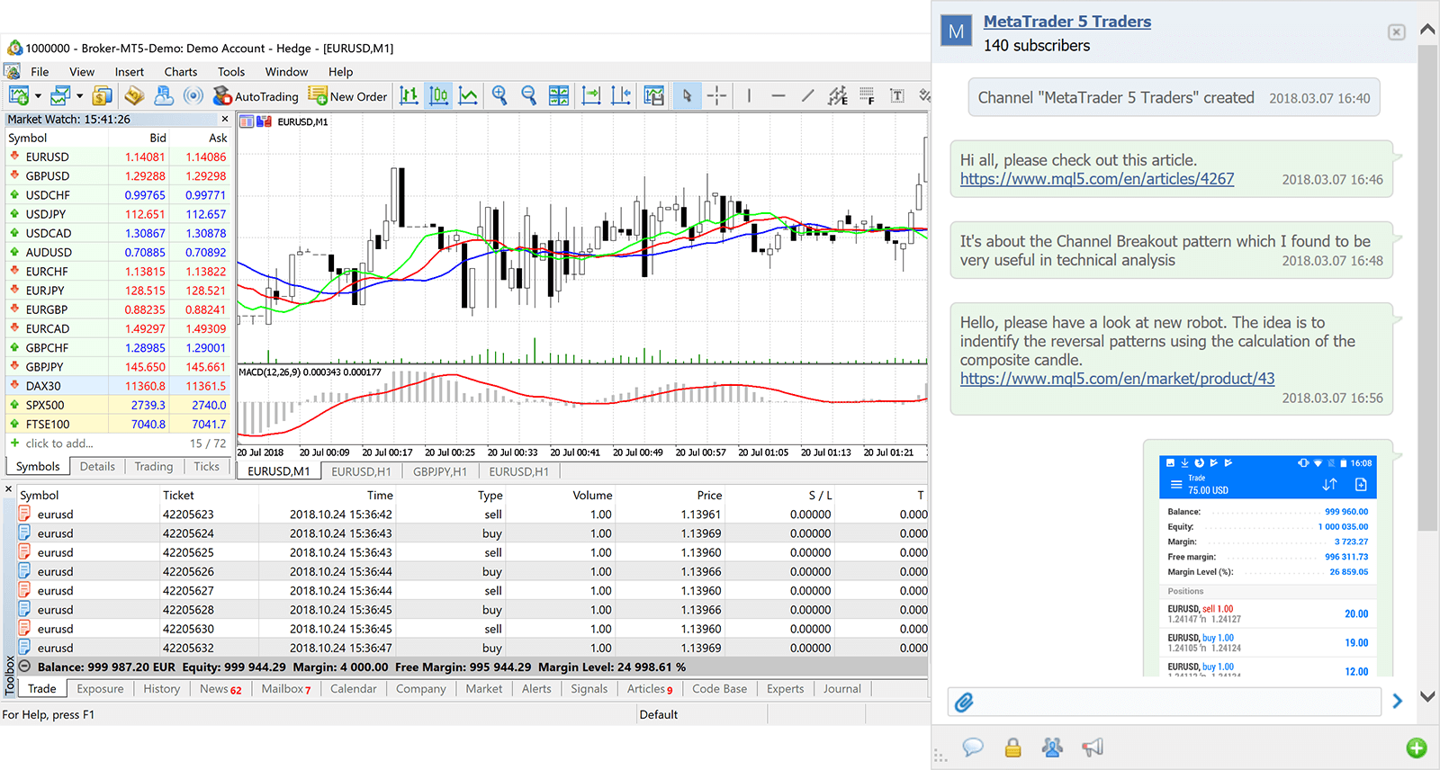 Встроенные чаты с групповыми диалогами и каналами в MetaTrader build 1930