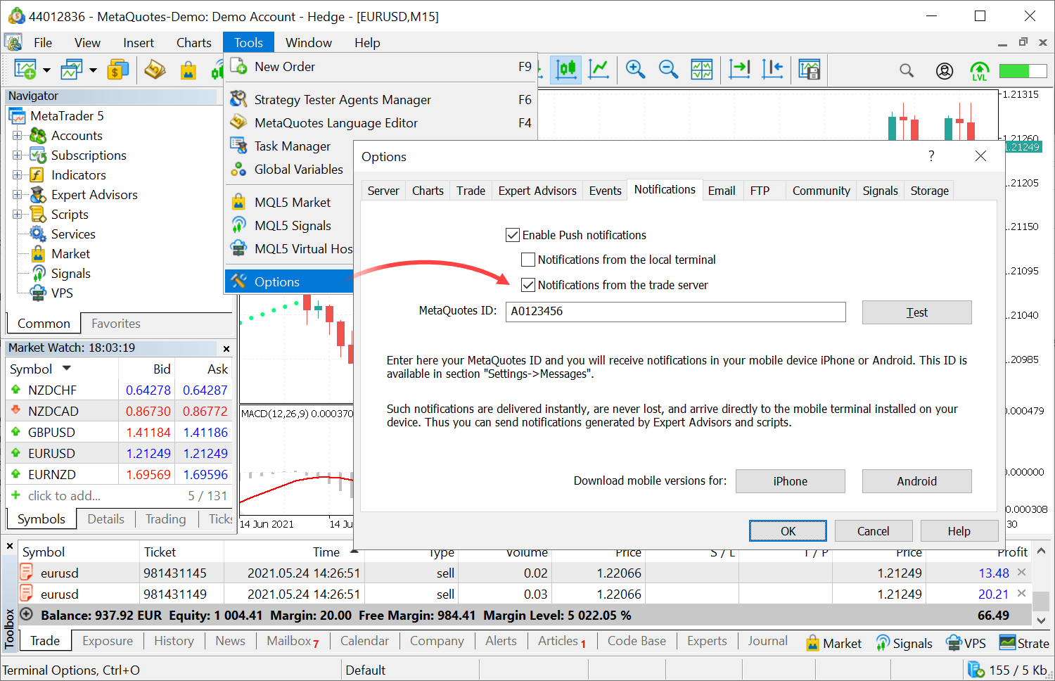 MetaTrader 5 build 2980: Push notifications for trade ...