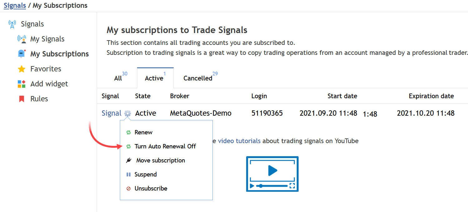 Manage auto renewals from the My Subscriptions section at MQL5.com