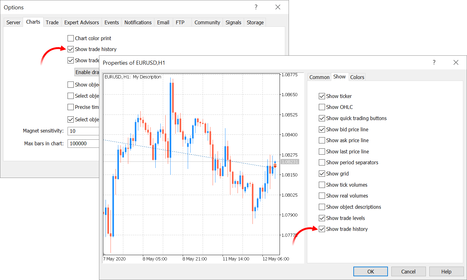 The new 'Show trading history' option