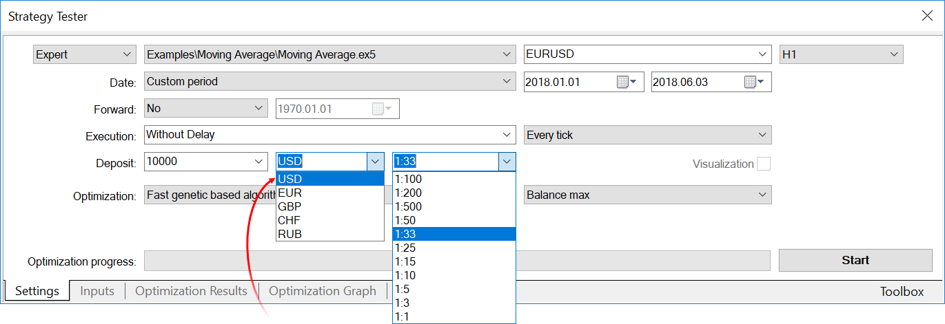 Manual setting of the deposit currency and leverage