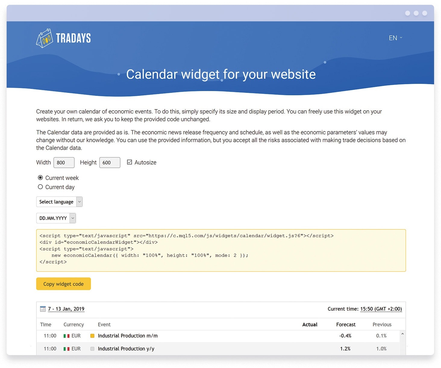 Tradays economic calendar widget for your website