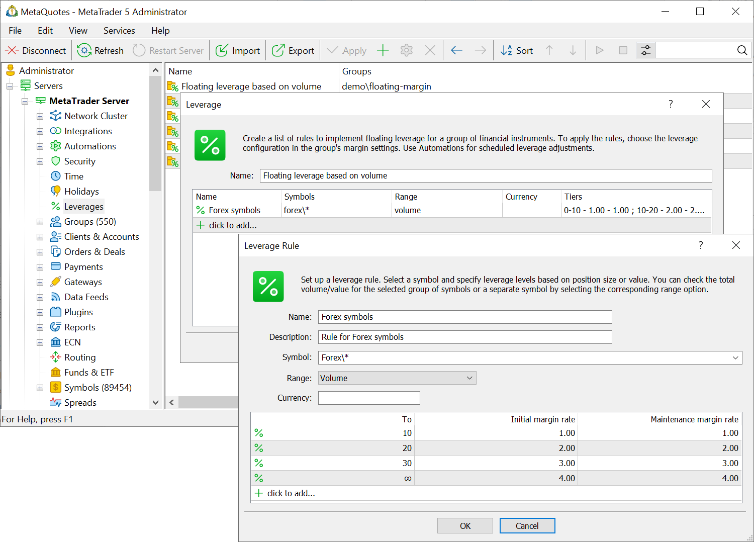 Leverage rule settings