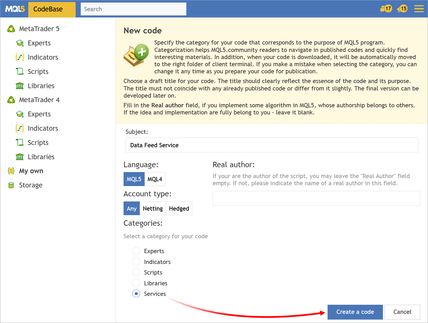 Added support for MQL5 Service programs in the CodeBase