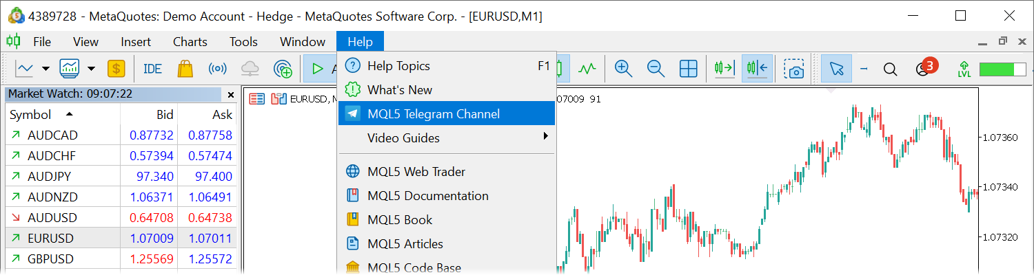 Added link to the MQL5 Telegram channel in the Help menu.