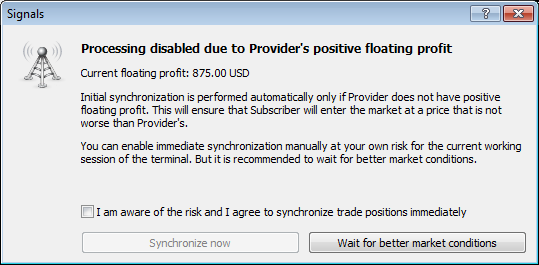 Added the dialog of consent to synchronize positions on a subscriber's account with signal's ones in case of a positive floating profit on a signal provider's account