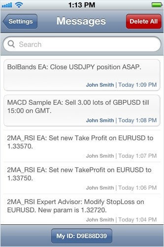 Сообщения от торговых роботов в MetaTrader 5 для iPhone