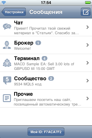 5 категорий сообщений в MetaTrader 5 for iPhone