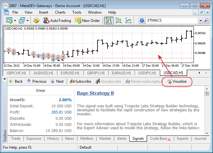 Added visualization of signal's trading history on the terminal's charts