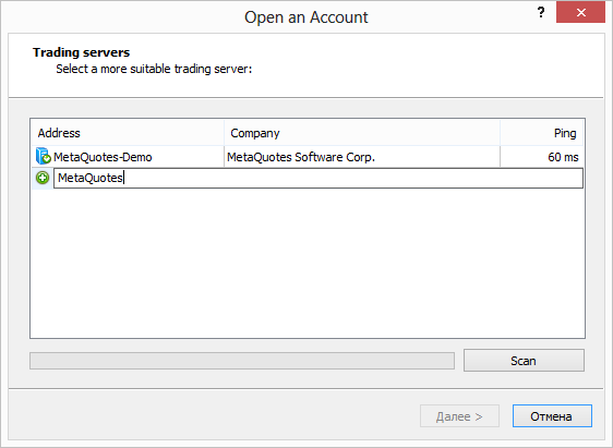 Improved scanning and searching for servers in demo account opening dialog
