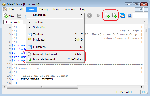 Added Navigate Forward/Navigate Backward commands to the tool bar and menu