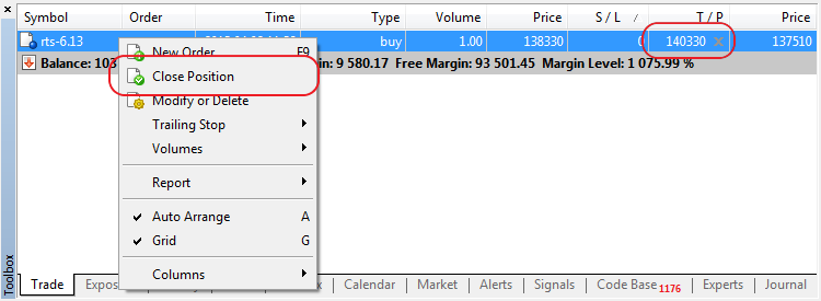 When One-Click Trading mode is enabled, Close Position command in the position's context menu results in an immediate closing of the position without showing the trading dialog