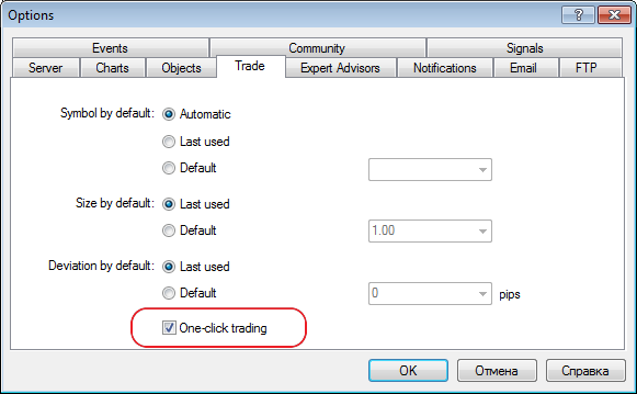 При включенном режиме One Click Trading команда Close в контекстном меню позиции приводит к немедленному закрытию позиции без дополнительного показа торгового диалога