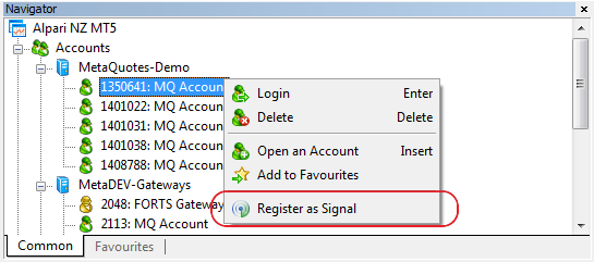 Added command for registering a trading signal bound to the allocated account on MQL5 web site to the trading account's context menu of the Navigator window