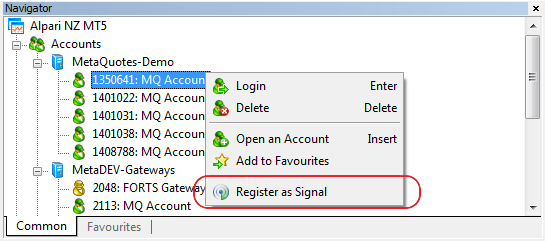 В окне "Навигатор" в контекстное меню торгового счета добавлена команда регистрации торгового сигнала