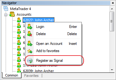 Added command for registering a trading signal bound to the allocated account on MQL5 web site to the trading account's context menu of the Navigator window