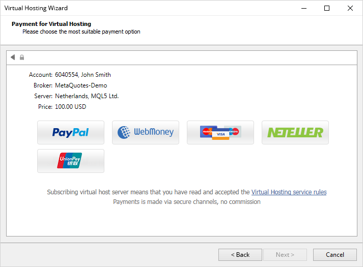 Pay for Virtual Hosting Straight from the MetaTrader 4 Platform