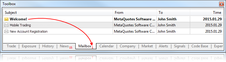 在工具箱窗口的“邮箱”标签中，新增显示未读邮件的数量
