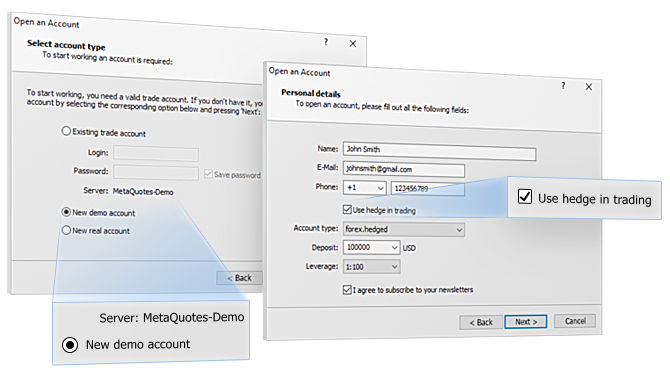 Create a demo account with hedging on MetaQuotes-Demo