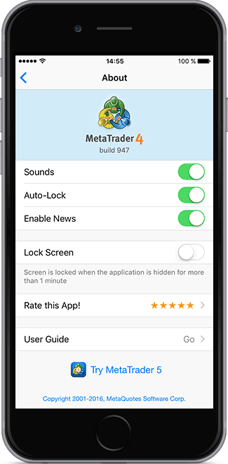 New MetaTrader 4 iOS build 947 features a screen-locking PIN code